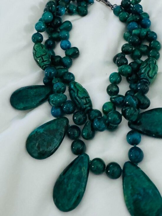 Jewelry - Handmade Azurite Malachite Chrysocolla Teardrop Cabochon Beaded Necklace, Heavy